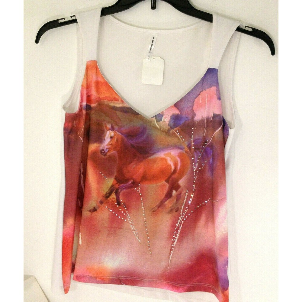 Vintage Western Ethics Horse & Rhinestone Designed Tank Top Size L USA Made Nice
